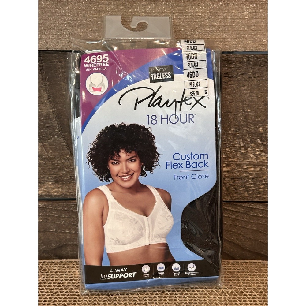Playtex 18 Hour Womens 46DD Black Front Close Custom Flex Back Wirefree Bra 4695